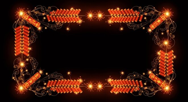 Firecracker and firework sparks frame for Dussehra. Vijaya Dashami celebration event border with glowing lights. Indian festival background.