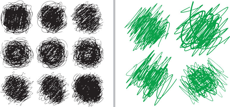 Hand-drawn vector set featuring nine textured black circular scribbles and four loose green abstract ink clusters. Perfect for adding a raw, organic, or messy artistic feel to creative projects.