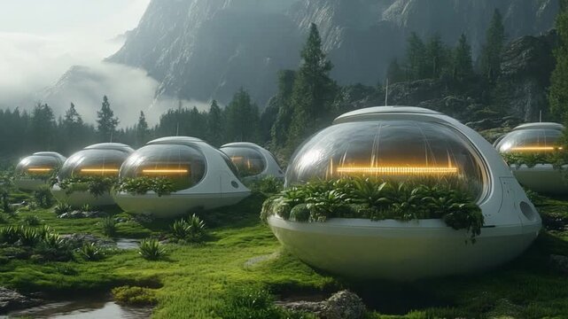 Futuristic eco-friendly dome homes with lush greenery and warm interior lighting in a serene natural mountain landscape with trees and a stream.