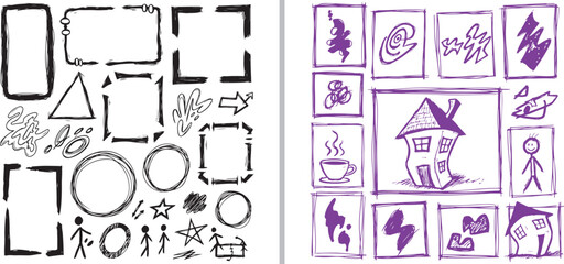 Fototapeta premium Hand-drawn vector collection featuring black ink frames, circles, and stick figures alongside purple sketches of houses, coffee, and abstract doodles. Perfect for creative storytelling and journaling.