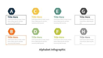Business infographic, eight grid steps, colorful alphabet boxes, presentation layout © Trend555