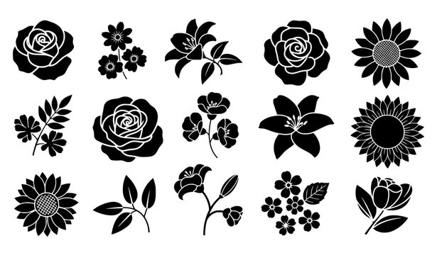 Decorative botanical flower icon vector pack solid black silhouettes isolated on transparent background