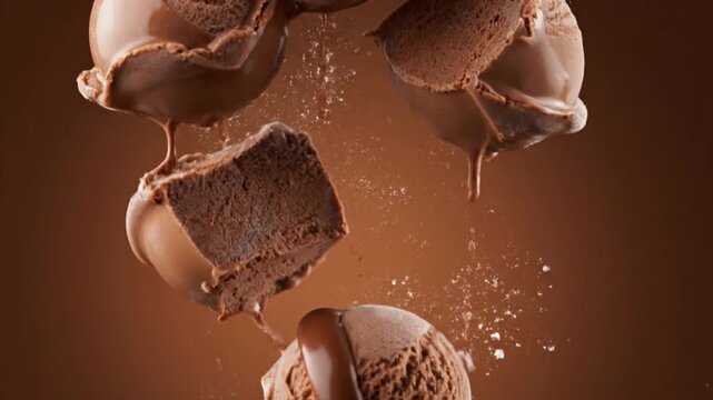 Chocolate fudge ice cream and truffles tumbling in cocoa studio background.
