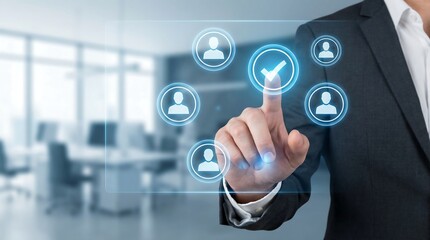 Fototapeta premium A businessman interacts with a futuristic interface in a modern office, symbolizing innovation and leadership. Perfect for business concepts, technology integration, and modern work environments.