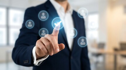 Businessman in a suit interacting with a digital interface, symbolizing professional connectivity and approval. Ideal for business and technology concepts.