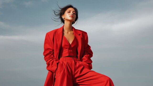 A model gracefully poses in a striking red ensemble against a moody sky, showcasing bold fashion choices and effortless elegance in a stunning outdoor setting