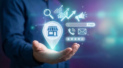 Innovative businessman presenting location-based services concept with glowing icons, representing modern business strategies and digital growth opportunities.