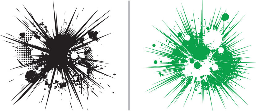 Explosive vector set featuring sharp, radial ink splatters in black and green. High-energy, grungy bursts with fine needle-like lines and messy paint drips perfect for dynamic action designs.