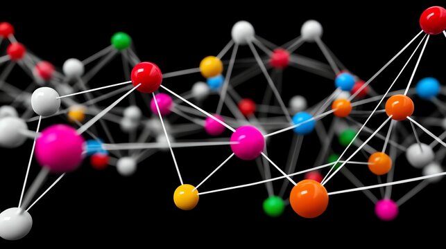 Colorful Molecular Structure: A complex network of interconnected spheres, radiating vibrant hues, against a stark black backdrop, symbolizing intricate scientific concepts.