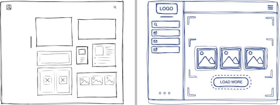 Hand-drawn blue ink website wireframes and UI elements, featuring a homepage layout with logo placement, navigation menus, image placeholders, and a "LOAD MORE" button.