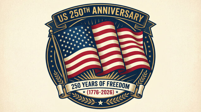 Patriotic US 250th Anniversary Emblem: Honoring 250 Years of Freedom (1776-2026) with Bold American Flag and Vintage Commemorative Design