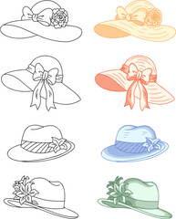 Conceptual set of men's and women's Easter hats in etching and line art styles. Features floral decorations, perfect for spring festivals, vintage fashion, and holiday cards.