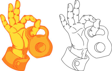 Conceptual illustration of an "OK" gesture hooked to a heavy kettlebell. Symbolizes toxic compliance and the burden of professional burnout. Vintage etching and line art styles included.