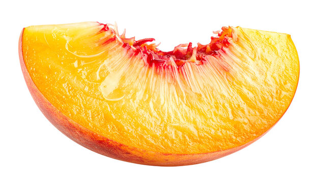 Close-up of a single, isolated slice of ripe, juicy fruit with a vibrant orange and red coloration, on a transparent background