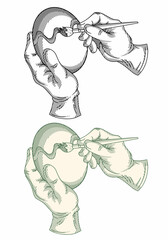 Conceptual illustration of hands decorating an Easter egg with a brush. Features classic etching and clean line art styles. Ideal for holiday branding and craft concepts.