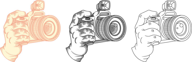 Conceptual illustration set of a hand holding a digital camera in classic crosshatching style. A unique blend of modern technology and traditional art techniques.