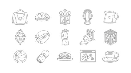 Assortment of Line Art Objects: A collection of meticulously crafted line art objects, showcasing a diverse array of items from daily life, including travel bags, food and beverages.