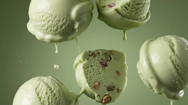 Pistachio ice cream and gelato pieces floating in sage green studio.