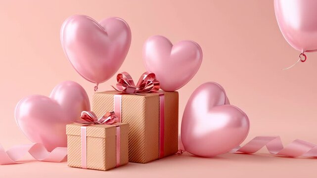 Colorful heart-shaped balloons float above beautifully wrapped gifts in a soft pastel world. This enchanting display brings joy, love, and celebration, perfect for special moments
