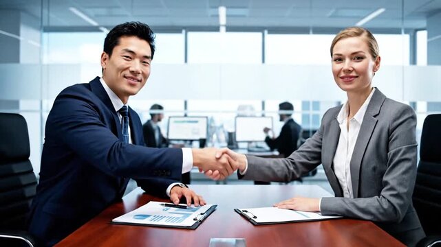 Business professionals, a man and woman, negotiate and finalize a deal with a handshake across a conference table in a modern office setting.