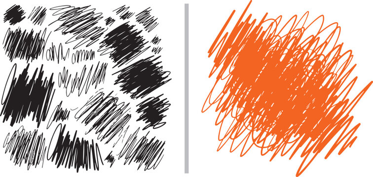 Hand-drawn vector set of messy ink scribbles and chaotic hatches in black and orange. Features organic, energetic pen strokes, texture blocks, and a large abstract doodle patch.