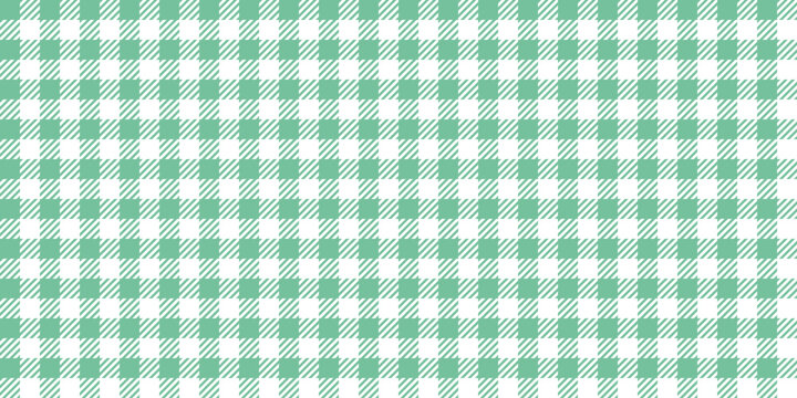 Green gingham fabric seamless pattern. Cute mint check plaid. Picnic kitchen tablecloth texture. Gingham square vintage texture. Vector illustration isolated on white background.