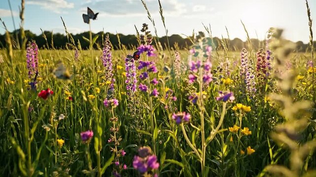 Flowering meadow under a warm evening sun provides a scenic natural environment for ecology and sustainability focused website headers.