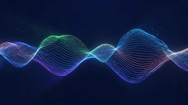 Abstract illustration of a sound wave with a colorful and dynamic flowing motion on a dark background