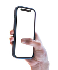 Hand holding smartphone from side angle, ideal for app presentation and UI mockups.