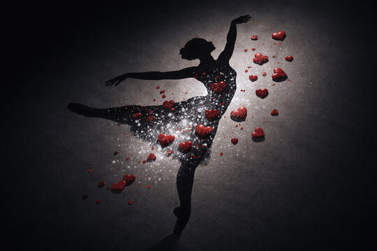 Graceful dancer silhouette filled with glowing hearts and particles, expressing love through movement.