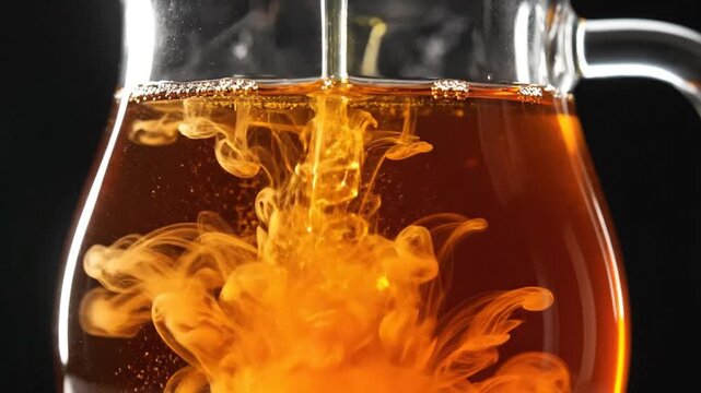 Close up shot of golden syrup dripping into pitcher of iced tea