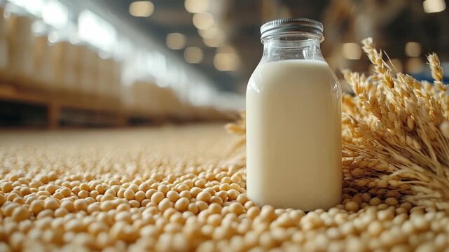 Nourishing Essence: A solitary bottle of creamy, inviting milk rests on a bed of soybeans, with a bundle of wheat straws, presenting a holistic approach to dietary requirements.