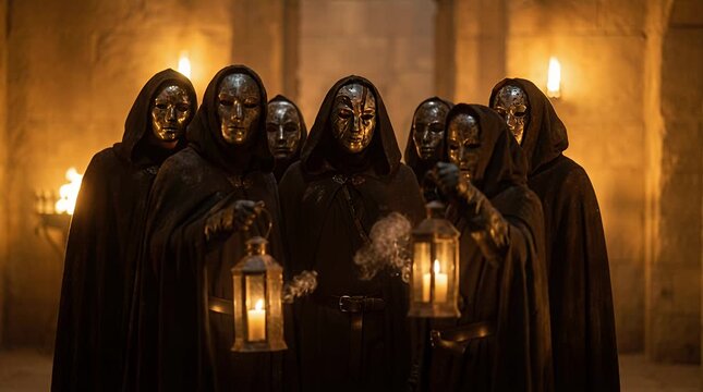 Mysterious cloaked figures with masks hold lanterns in ancient stone hall, creepy ritual gathering.