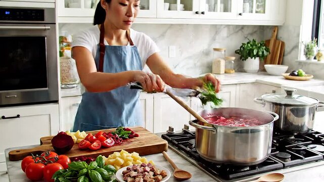 Woman prepares traditional beetroot soup, borscht, in bright modern kitchen