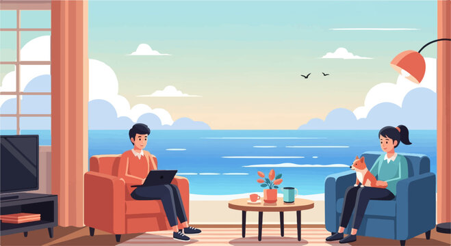 Couple relaxing by the sea, one working on a laptop, the other with a pet