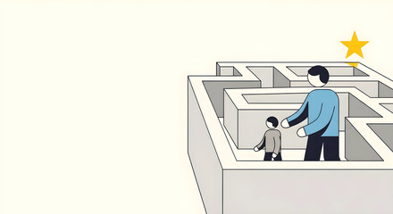 メンターシップと次世代リーダーの育成を描いたフラットイラスト。指導と成長の概念、広い余白。