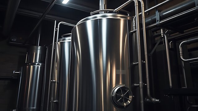 nepotism. A gleaming stainless steel fermenter with pipes in a dim cellar. bar promotions, beverage menus, packaging labels, designed for product packaging and bar promotions, used by photographers.
