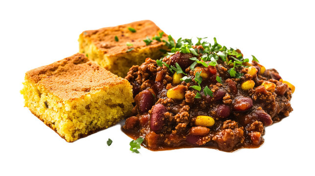 Vegan Chili with Cornbread - Hearty and Spicy Vegan Dish - Isolated on White Background