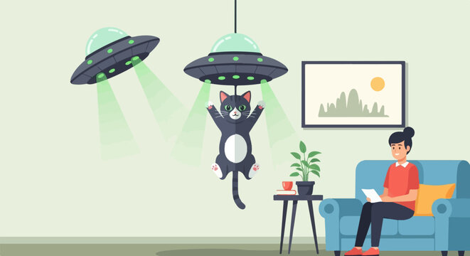 Cat abducted by aliens while a person relaxes indoors