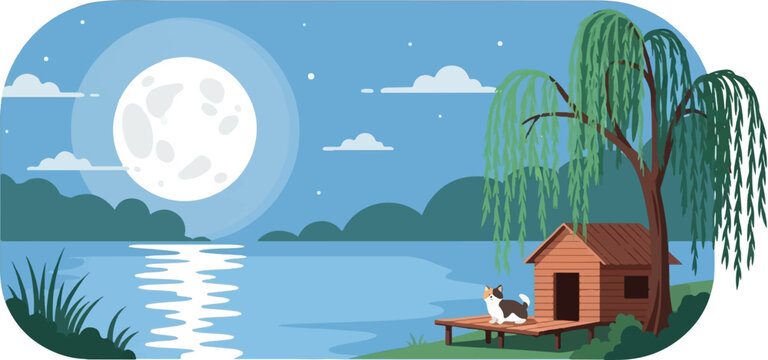 Cat sits on a wooden deck near a doghouse under a weeping willow tree