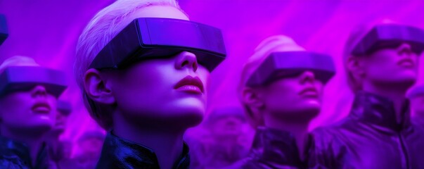 Fototapeta premium A group of women wearing virtual reality headsets immersed in a digital world. Metaverse concept with futuristic technology and cyber reality.