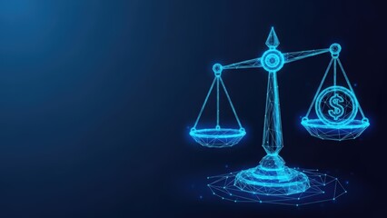 Digital scales of justice illuminated with blue neon light in a futuristic abstract design