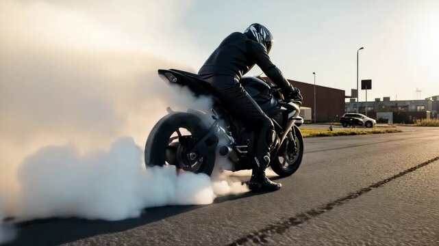 Motorcyclist performing burnout, creating thick white smoke on asphalt road