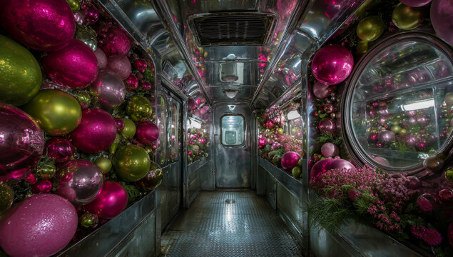 Festive train car interior adorned with colorful holiday ornaments