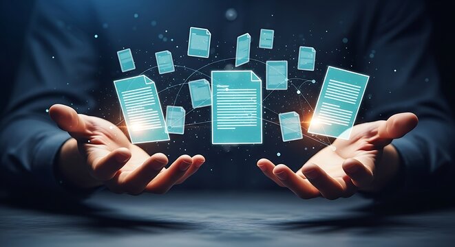 Person holding glowing digital documents in their hands with a network of floating files glowing files