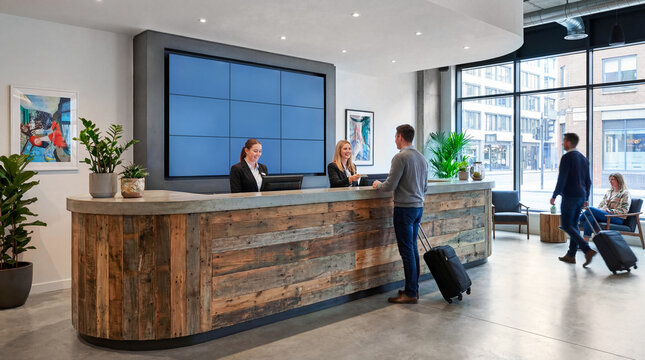Traveler with Suitcase Checking In at Rustic Wood Hotel Reception Desk with Staff