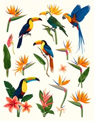 Obraz premium A vibrant, colorful digital illustration featuring a variety of tropical birds and exotic flowers, set against a cream-colored background