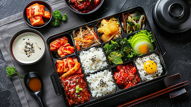 High-quality photo of a traditional Korean lunch box (dosirak) neatly arranged with steamed rice and assorted colorful side dishes