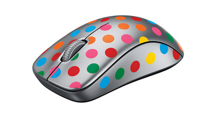 Side Perspective of a Silver Wireless Mouse with Bright Multi-Colored Spotted Design