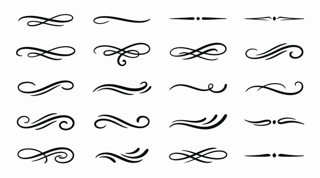 Calligraphic swirls and flourishes collection with elegant decorative scroll design elements isolated on white background.